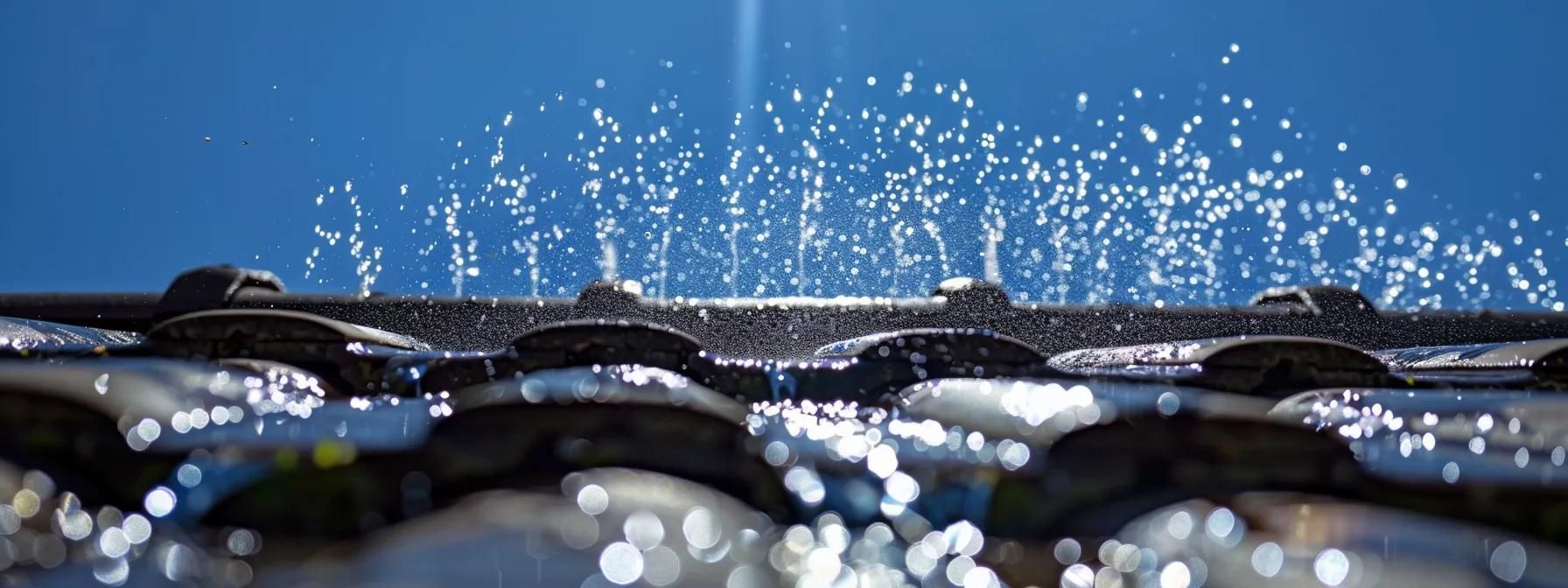 a powerful roof washing machine sprays a cascade of gleaming water droplets onto a sunlit roof, highlighting the contrast between the deep blue sky and the vibrant texture of the shingles.