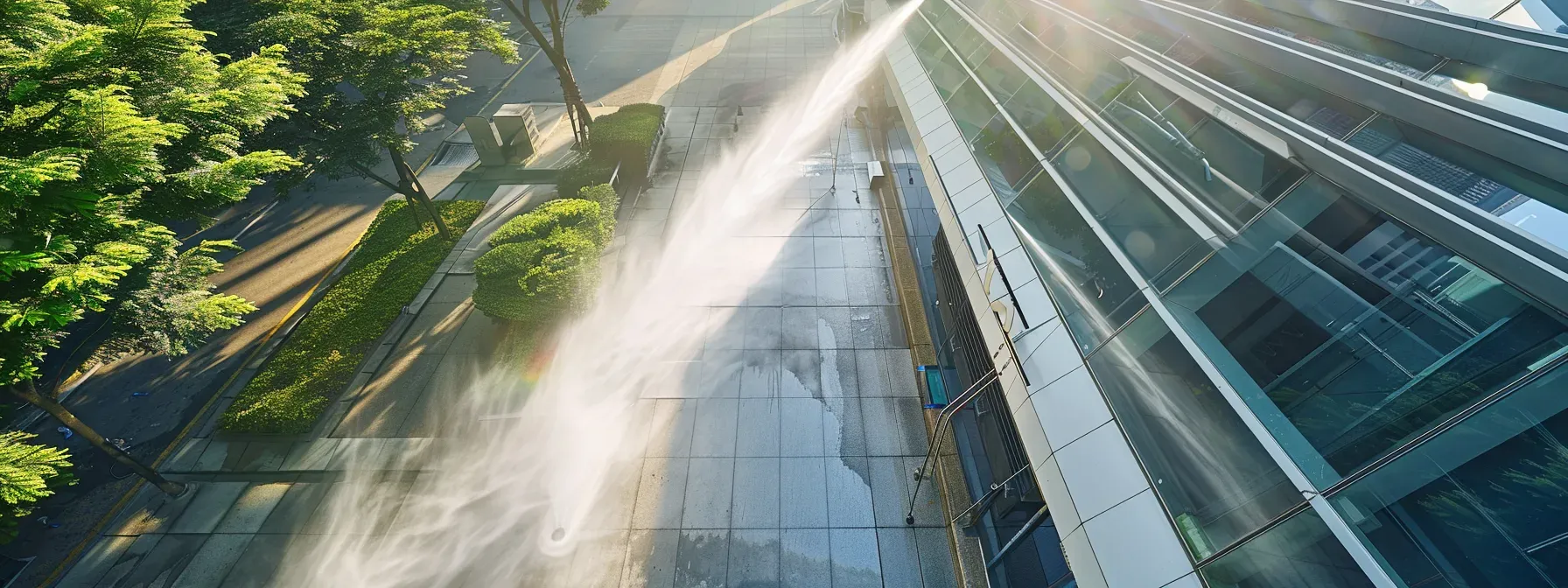 a commercial building being cleaned with a powerful, environmentally friendly pressure washer.