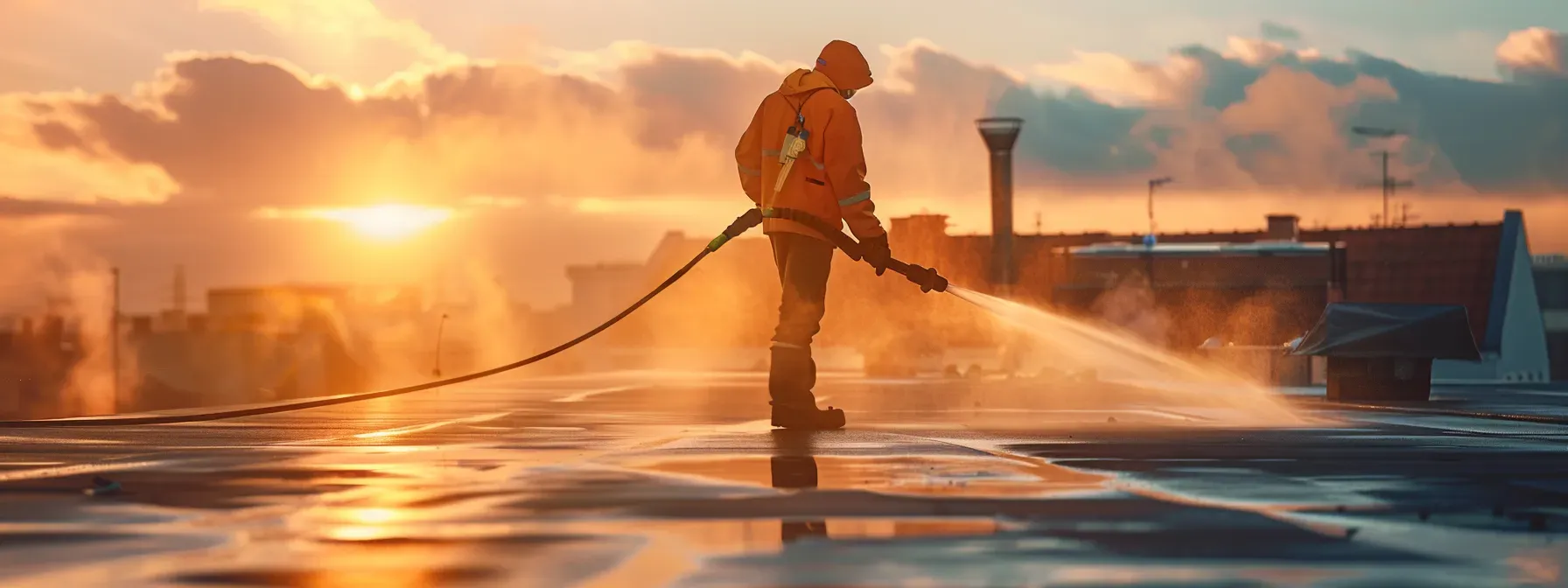 a skilled worker expertly cleaning a commercial rooftop using gentle pressure washing techniques.