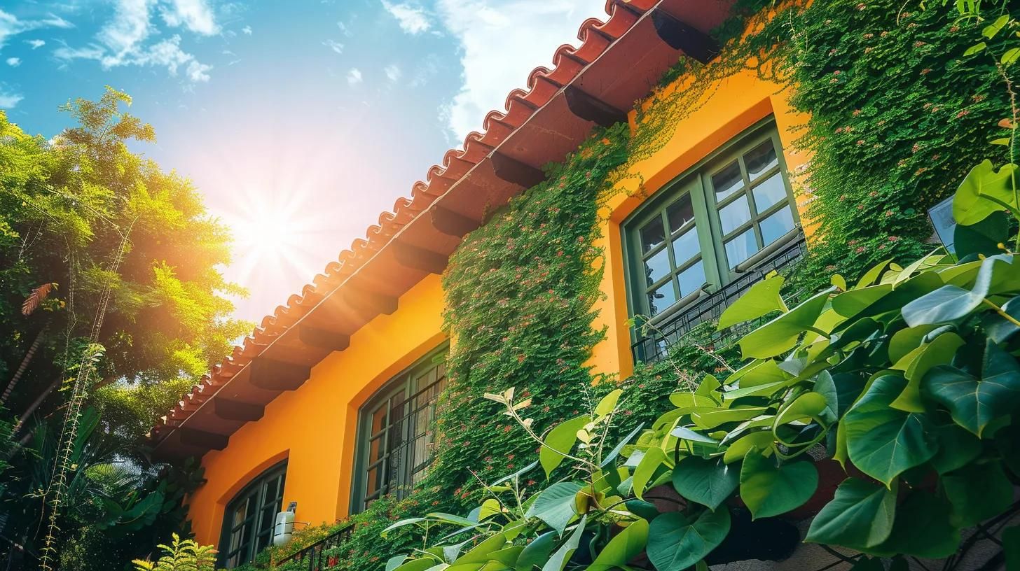 a vibrant florida home, with lush greenery surrounding its freshly washed roof and sun-kissed exterior, illustrates the effectiveness of eco-friendly pressure washing techniques under bright, clear blue skies.