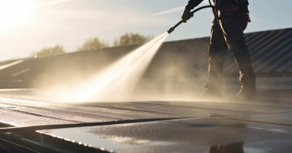 Professional pressure washing on a commercial roof surface at sunrise by Gorilla Kleen
