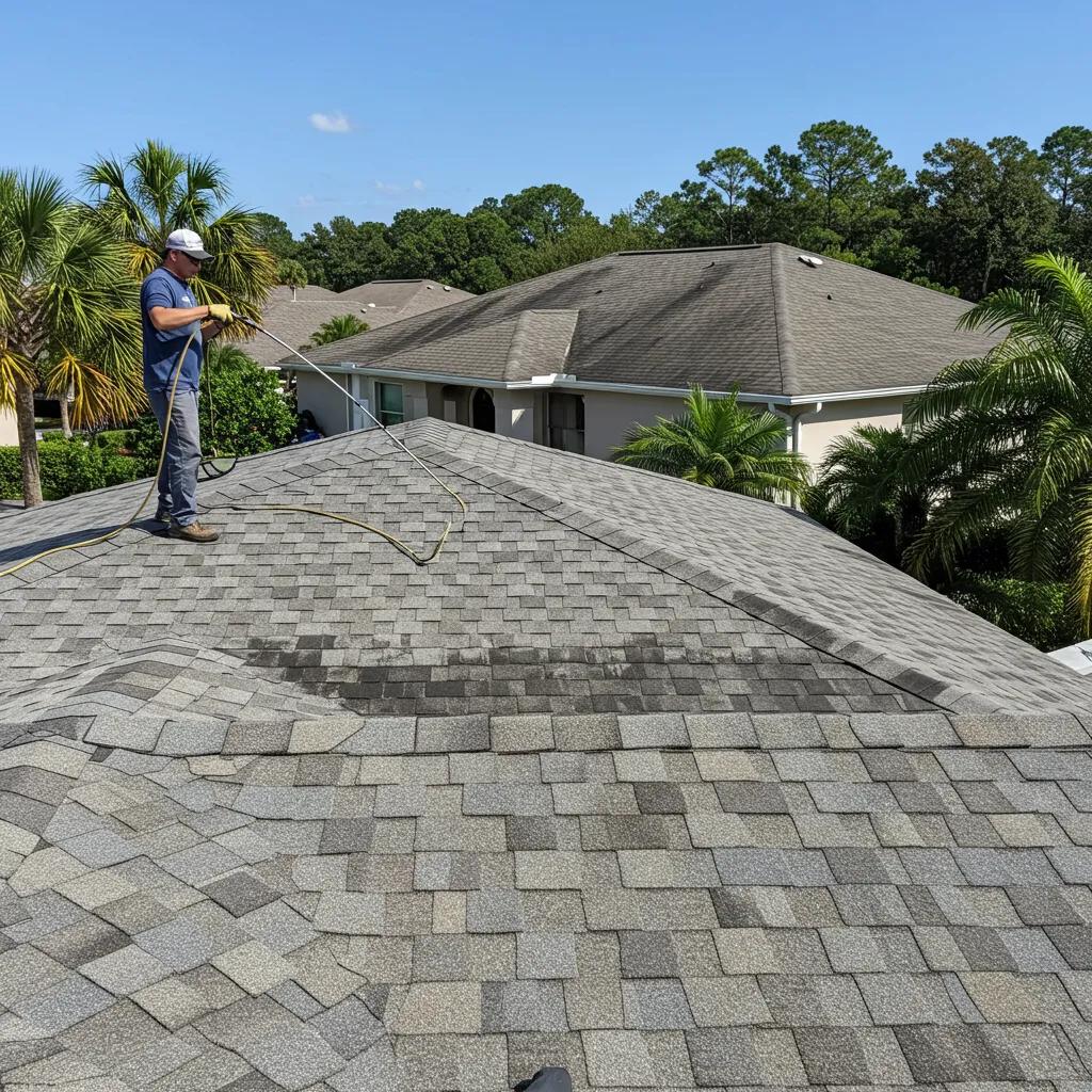 Technician inspecting roof before cleaning | Residential pressure washing service Sarasota