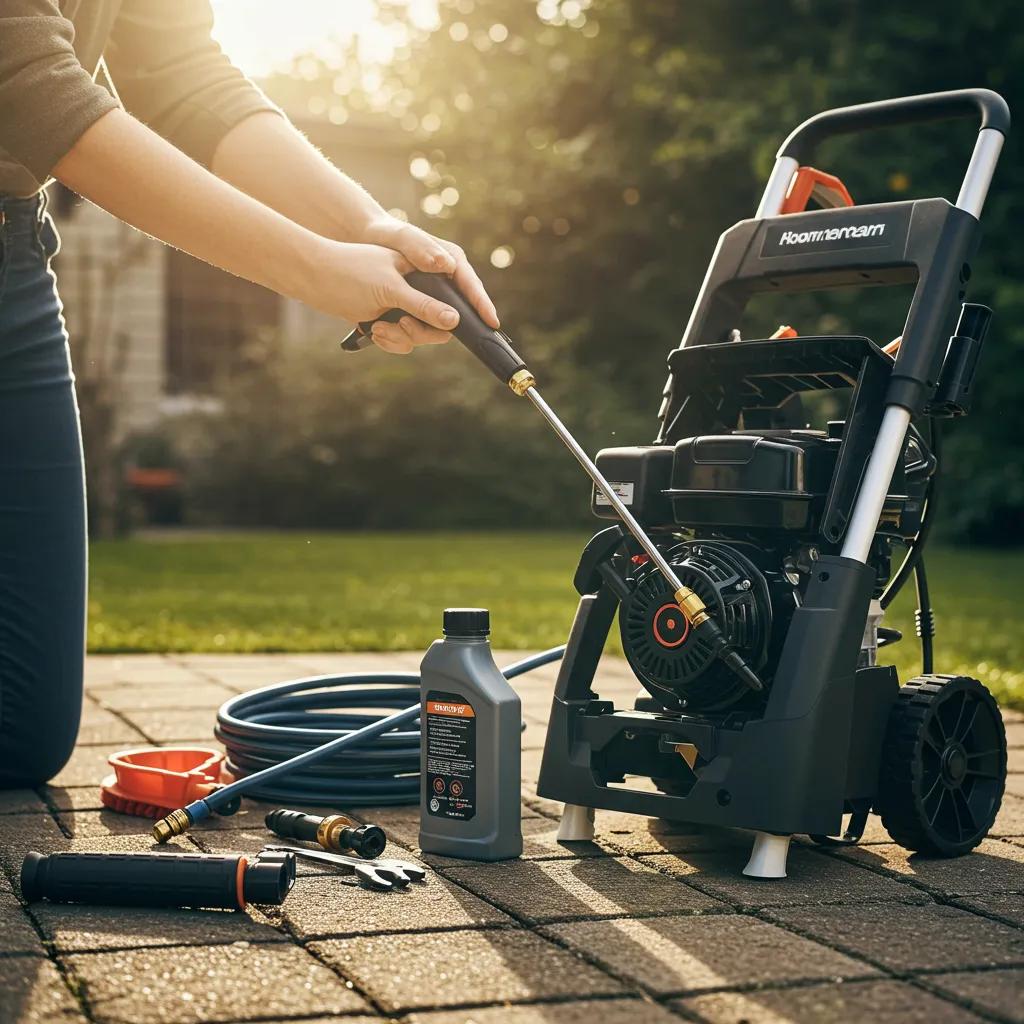 Pressure washer maintenance being performed outdoors | Essential upkeep for professional pressure washing equipment
