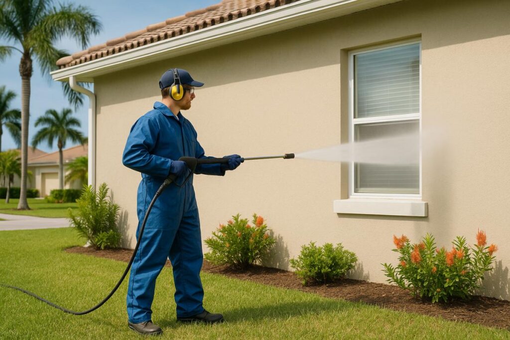 Pressure washing with non-toxic chemicals in a clean residential setting