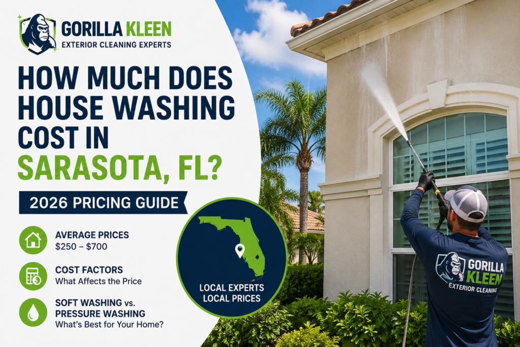 House washing cost in Sarasota FL guide featuring a Gorilla Kleen technician soft washing a residential stucco home in Sarasota, Florida.