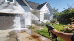 Home pressure washing in action, showcasing a clean exterior and vibrant surroundings