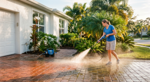 A woman uses a pressure washer to clean a brick driveway on a sunny day.