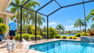 pressure washing contractor cleaning pavers inside a cage in Lakewood Ranch, Florida