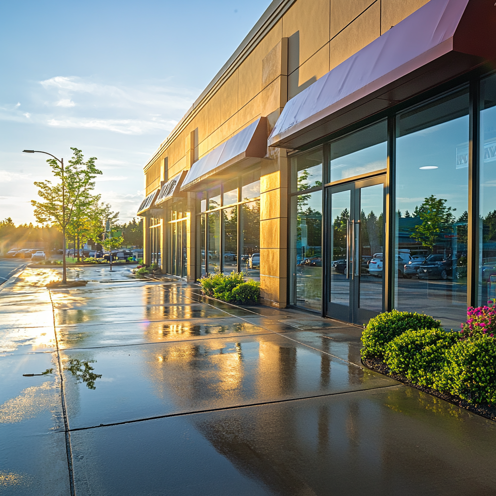 Commercial building in downtown Bradenton that was recently power washed, and the sidewalk is still wet.