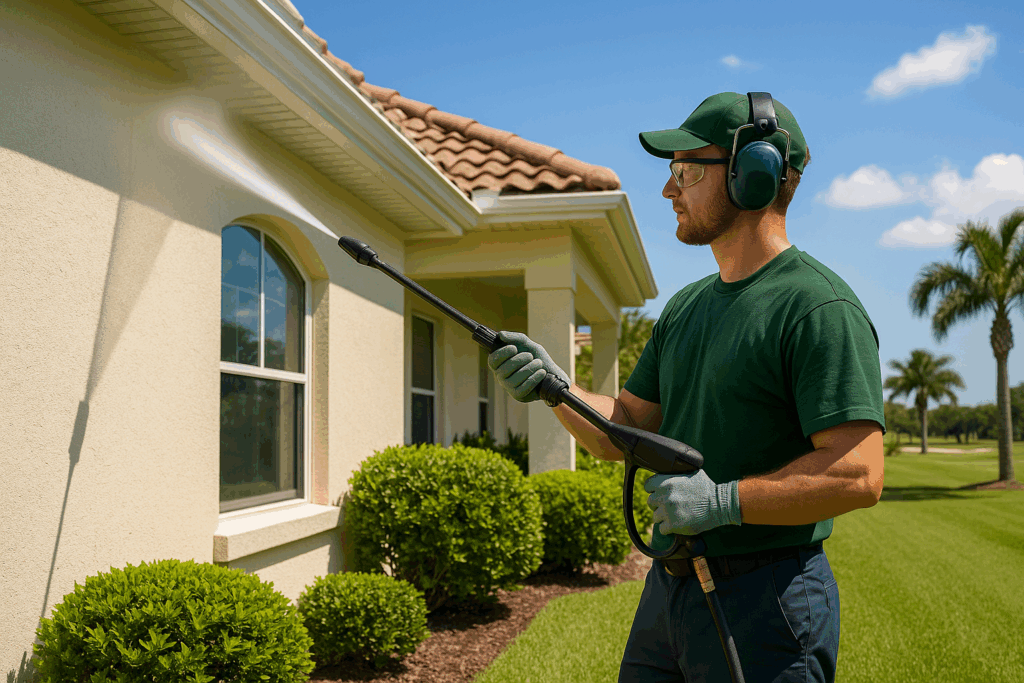 6 Essential Guide to Safe Pressure Washing Practices 3 Man wearing safety gear pressure washing the exterior wall of a single-story home in a sunny Sarasota, Florida golf community, with palm trees and a manicured lawn in the background.