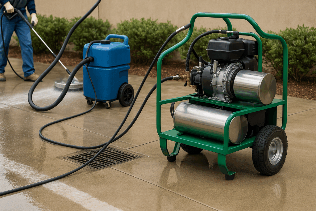 Comprehensive Guide to Commercial Pressure Washing Pricing 7 Commercial pressure washing setup with wastewater reclamation equipment, showing a technician operating a surface cleaner on concrete near a green pressure washer and blue recovery unit, emphasizing eco-friendly cleaning practices.