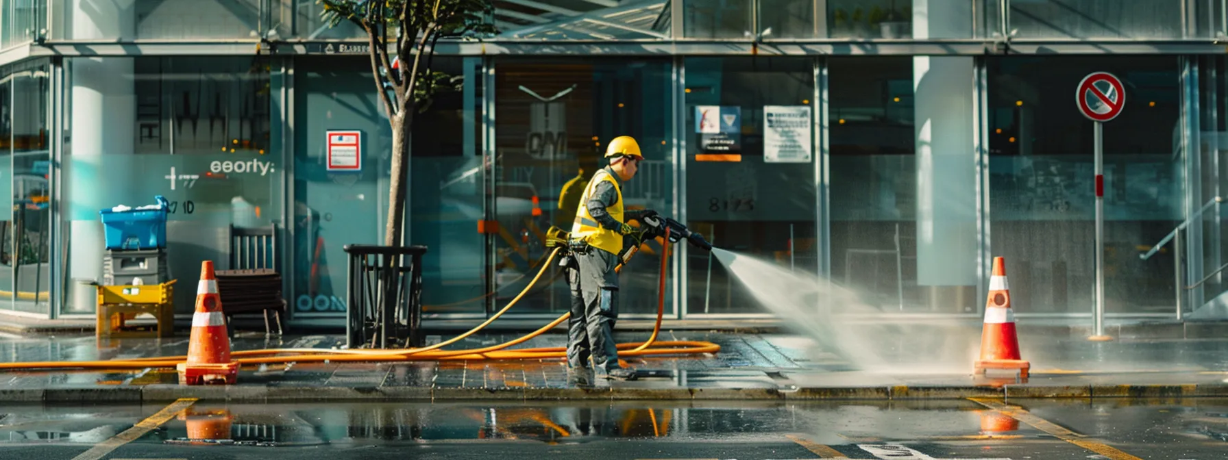 a worker in a yellow hard hat and reflective safety vest power washing the exterior of a commercial building, surrounded by caution cones and warning signs.